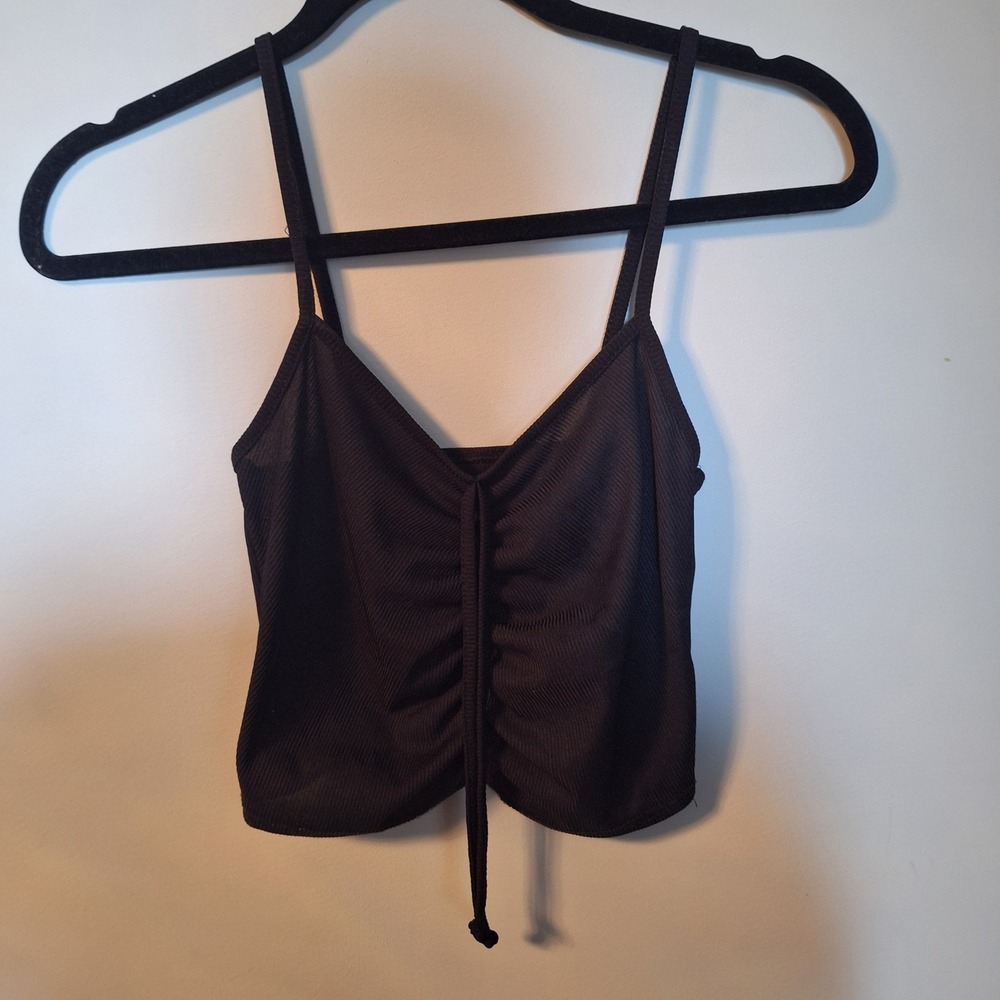 Boohoo Black Ribbed Cami Crop Top Ruched Drawstring Front Size 4